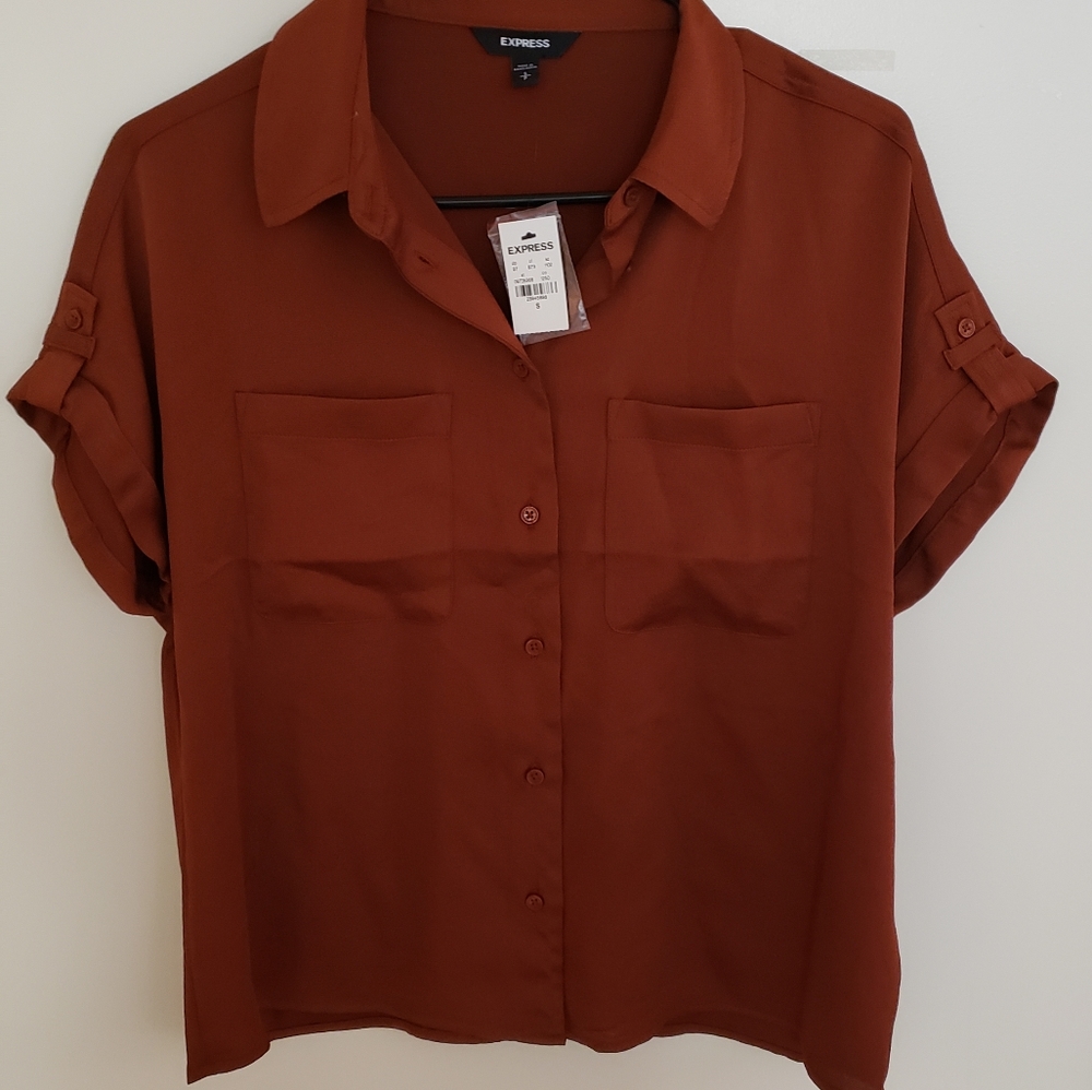 Satin short sleeve button front shirt